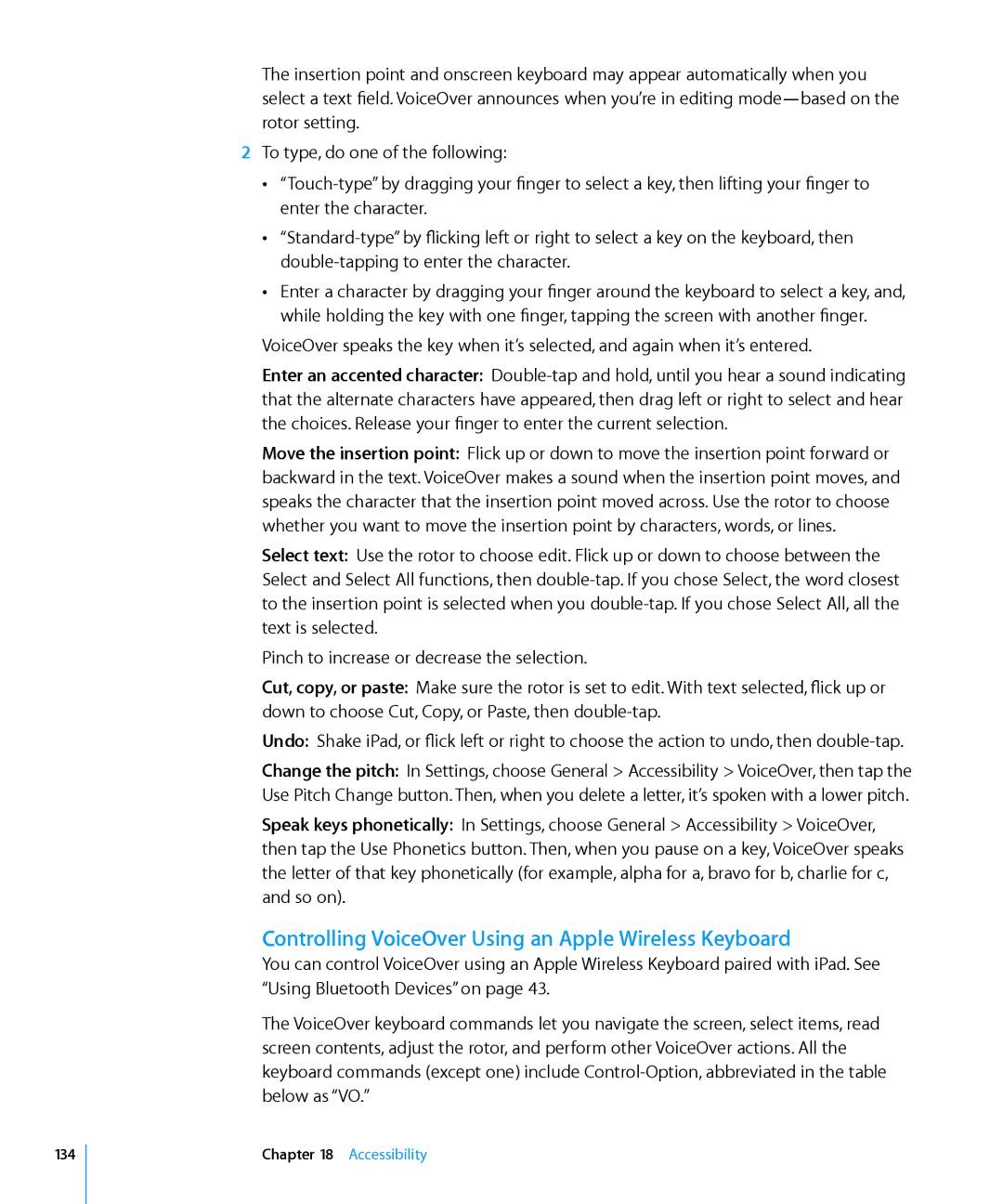 Apple MC497LL/A manual Controlling VoiceOver Using an Apple Wireless Keyboard, Accessibility 
