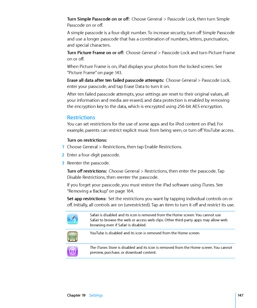 Apple MC497LL/A manual Restrictions, Turn on restrictions, Settings 147 