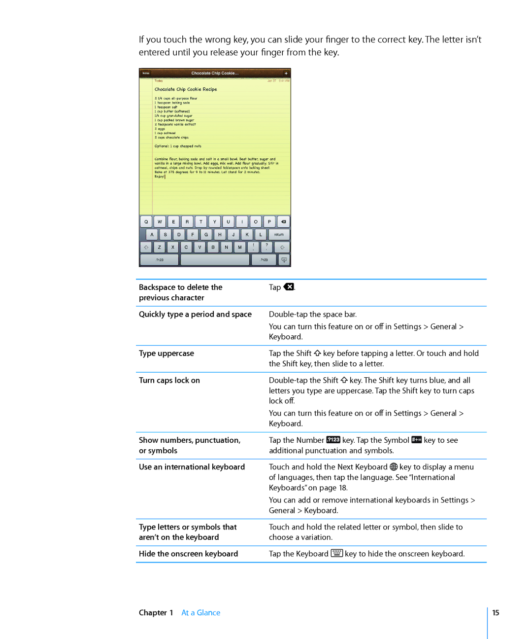 Apple MC497LL/A Backspace to delete, Previous character Quickly type a period and space, Type uppercase, Turn caps lock on 