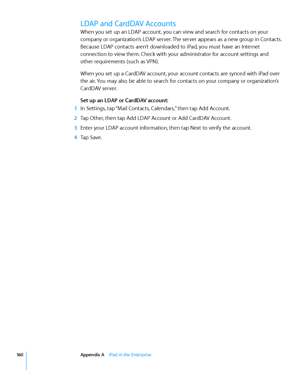 Apple MC497LL/A manual Ldap and CardDAV Accounts, Set up an Ldap or CardDAV account, 160 