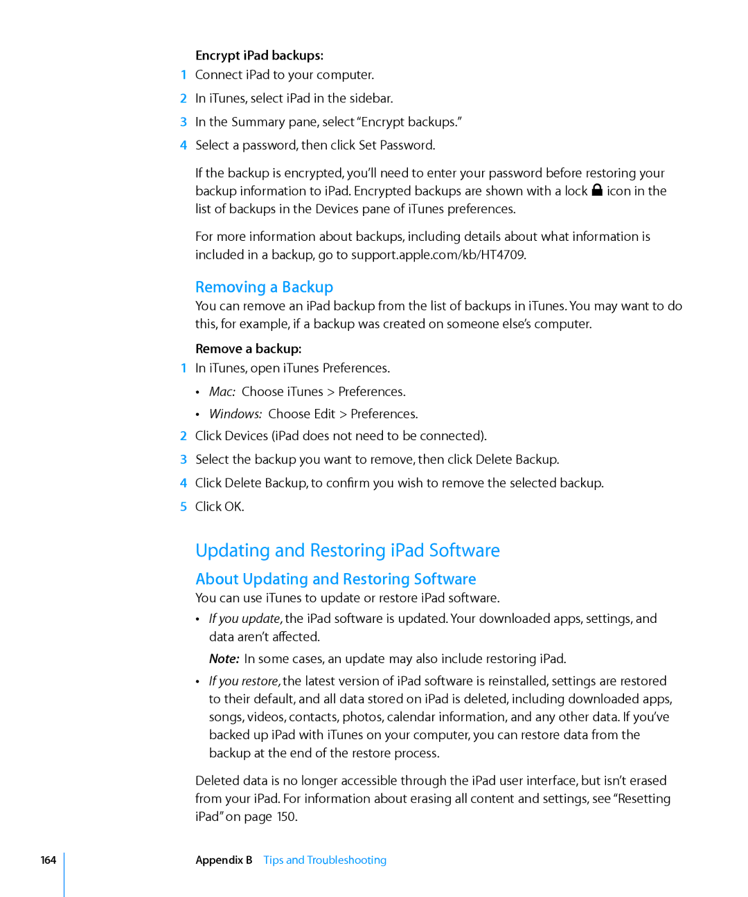 Apple MC497LL/A manual Updating and Restoring iPad Software, Removing a Backup, About Updating and Restoring Software 