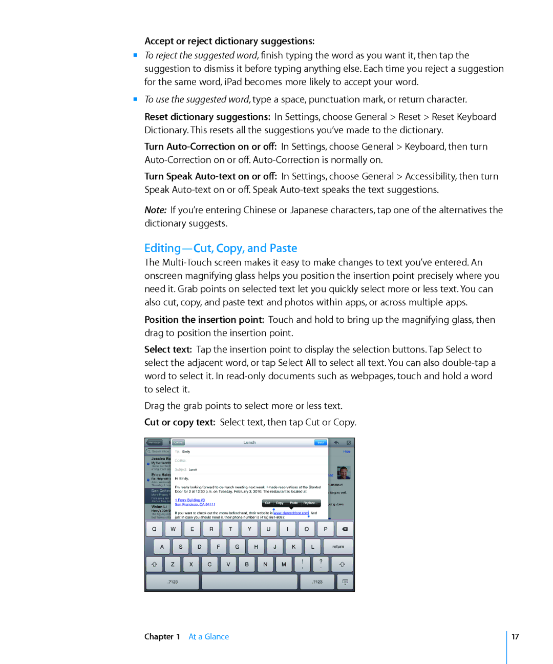 Apple MC497LL/A manual Editing-Cut, Copy, and Paste, Accept or reject dictionary suggestions 