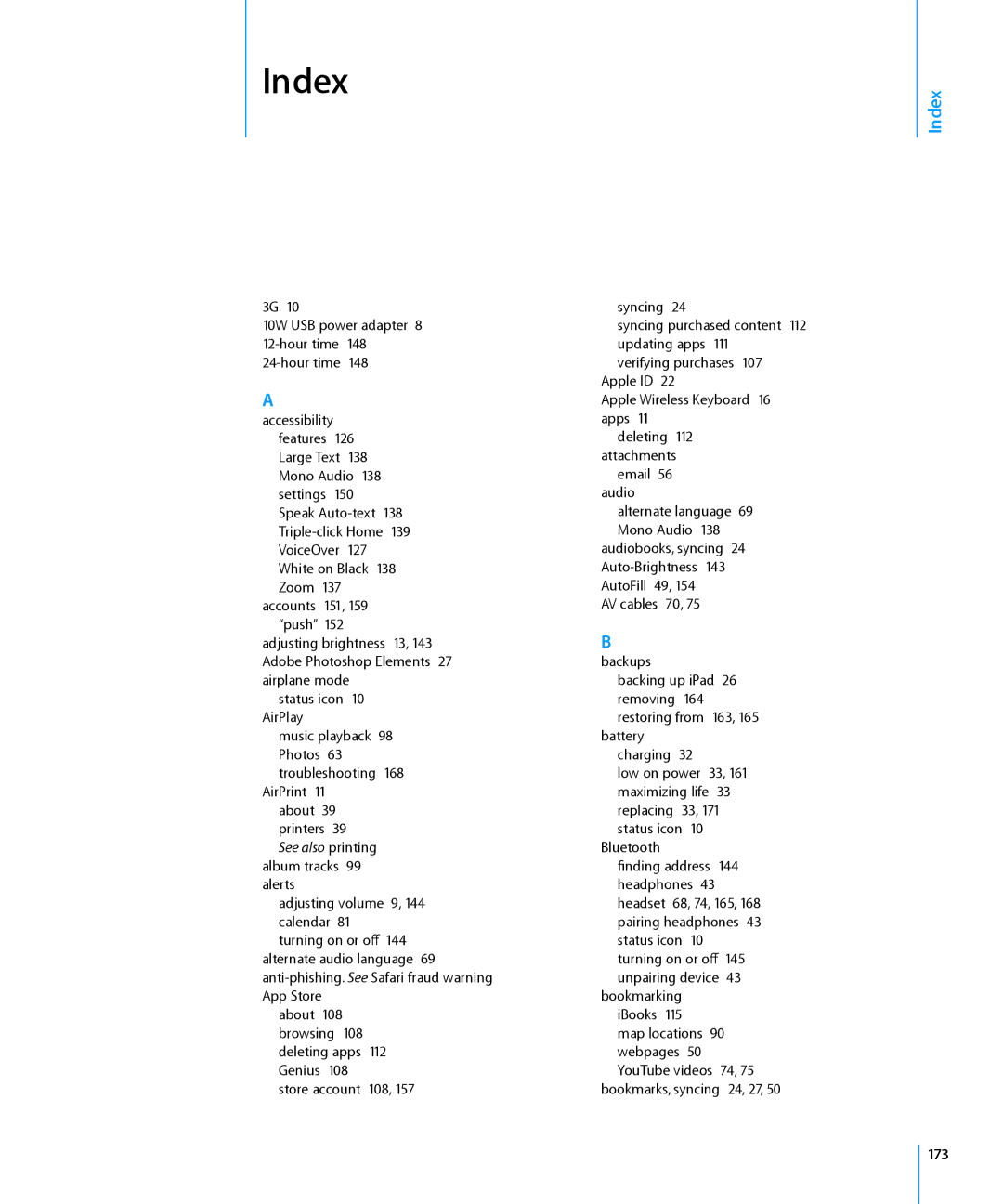 Apple MC497LL/A manual Index, 173 