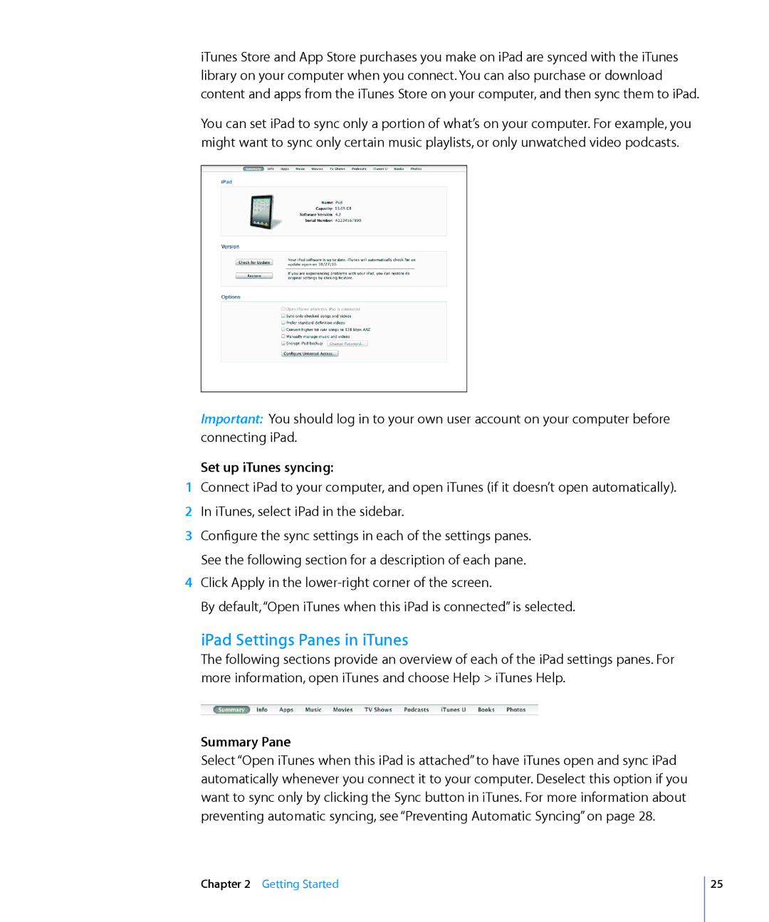 Apple MC497LL/A manual IPad Settings Panes in iTunes, Set up iTunes syncing, Summary Pane 