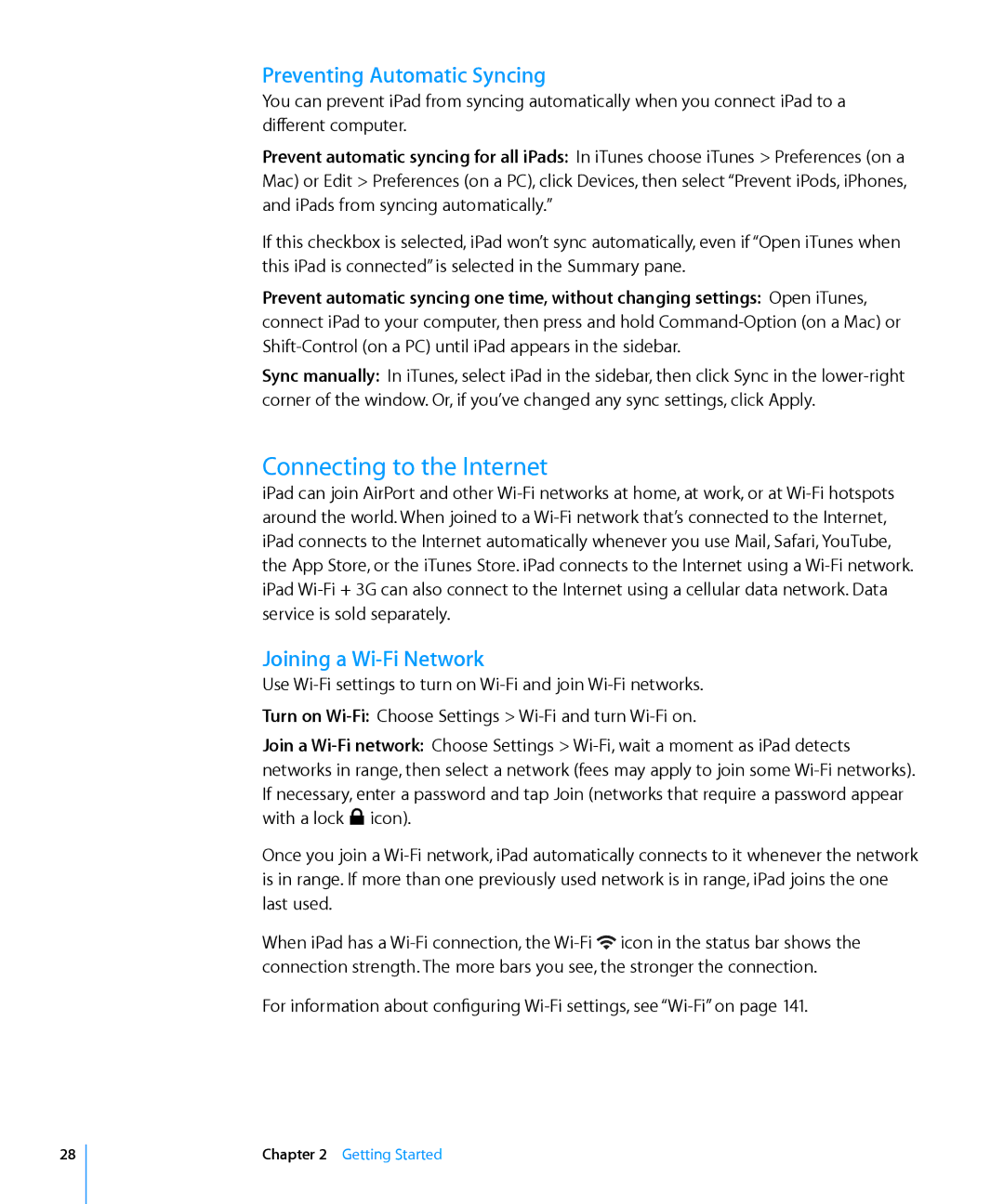 Apple MC497LL/A manual Connecting to the Internet, Preventing Automatic Syncing, Joining a Wi-Fi Network 