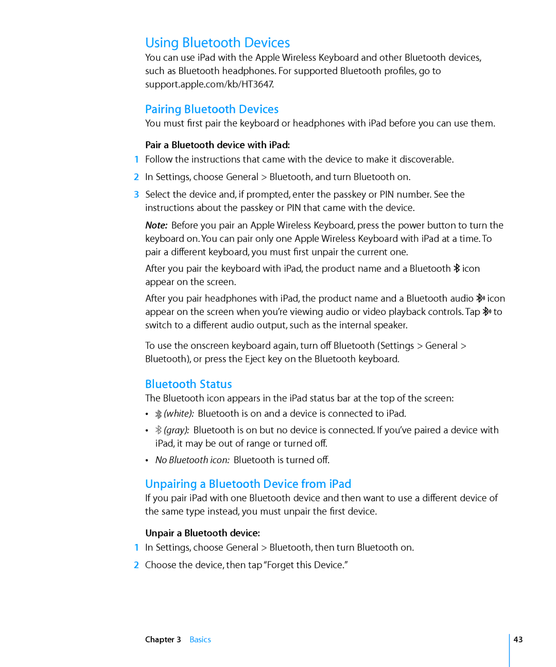 Apple MC497LL/A manual Using Bluetooth Devices, Pairing Bluetooth Devices, Bluetooth Status 