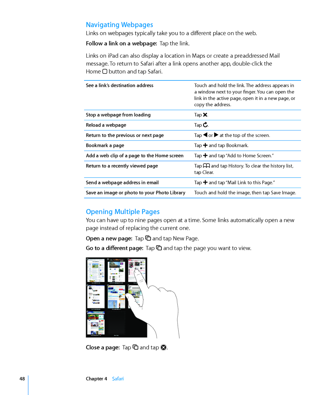 Apple MC497LL/A manual Navigating Webpages, Opening Multiple Pages, Follow a link on a webpage Tap the link 