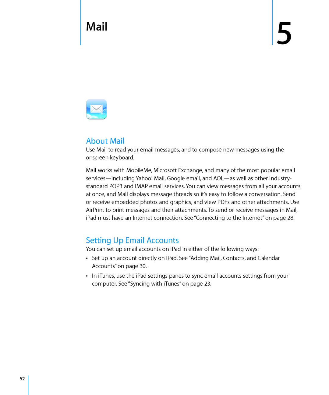 Apple MC497LL/A manual About Mail, Setting Up Email Accounts 