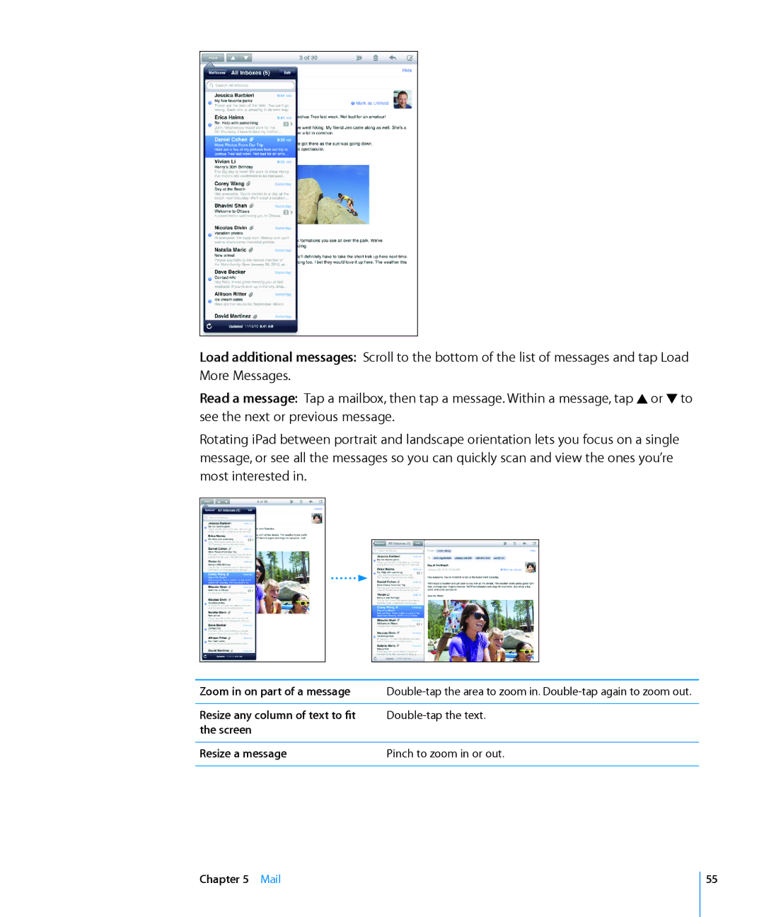 Apple MC497LL/A manual Zoom in on part of a message, Resize any column of text to fit, Screen Resize a message 