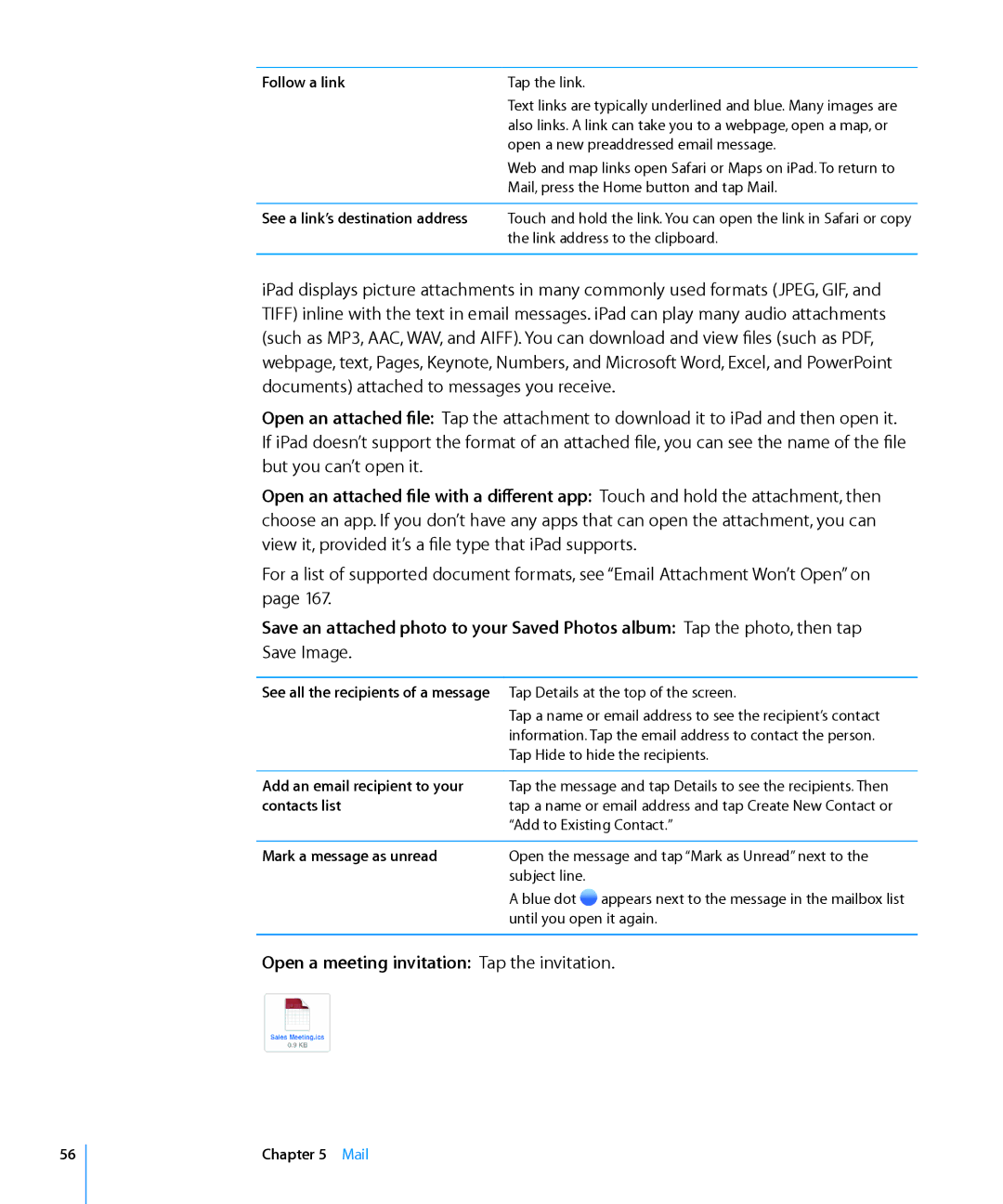 Apple MC497LL/A Open a meeting invitation Tap the invitation, Follow a link, Add an email recipient to your, Contacts list 