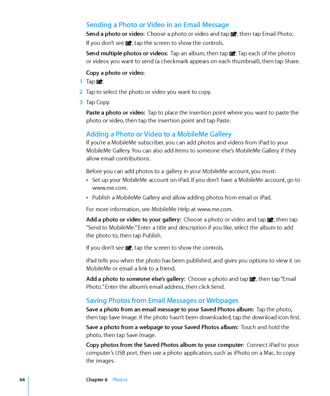 Apple MC497LL/A manual Sending a Photo or Video in an Email Message, Adding a Photo or Video to a MobileMe Gallery 