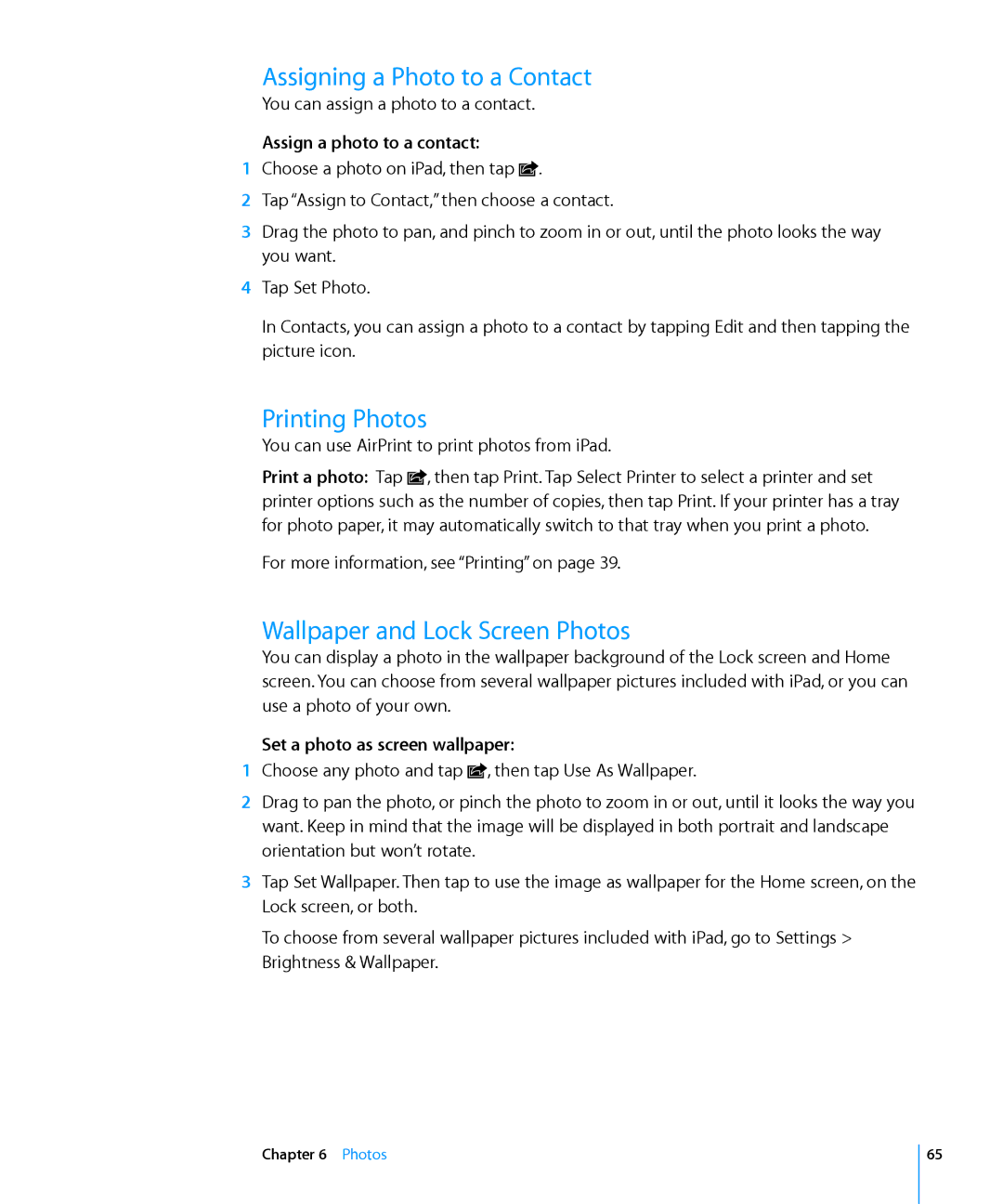 Apple MC497LL/A manual Assigning a Photo to a Contact, Printing Photos, Wallpaper and Lock Screen Photos 