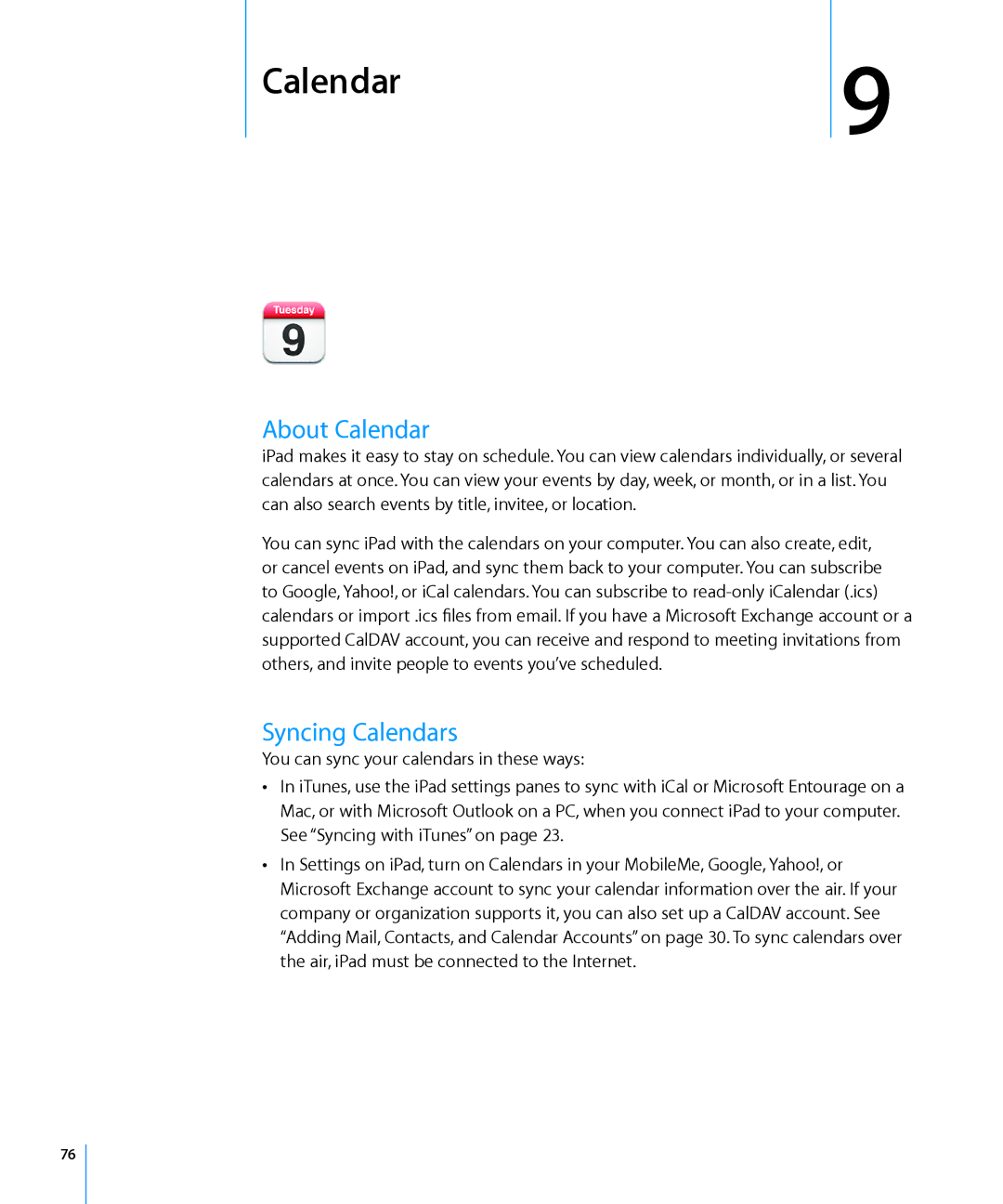 Apple MC497LL/A manual About Calendar, Syncing Calendars 