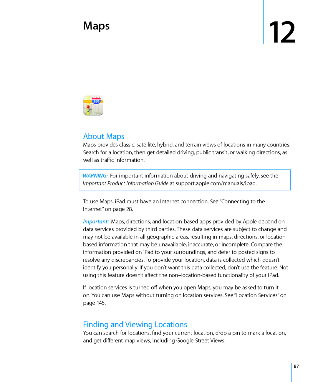 Apple MC497LL/A manual About Maps, Finding and Viewing Locations 