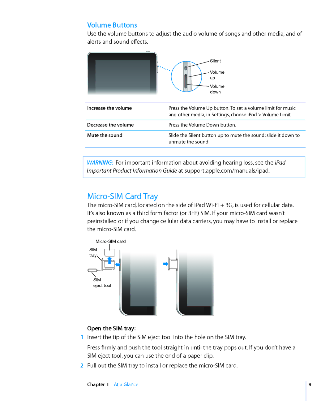 Apple MC497LL/A manual Micro-SIM Card Tray, Volume Buttons, Open the SIM tray 