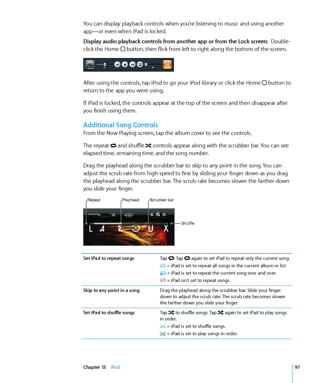 Apple MC497LL/A Additional Song Controls, Set iPad to repeat songs, Skip to any point in a song, Set iPad to shuffle songs 