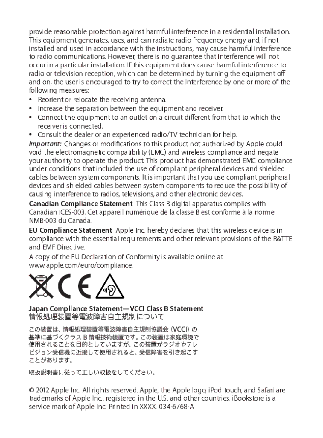 Apple MC540LL/A warranty Japan Compliance Statement-VCCI Class B Statement 