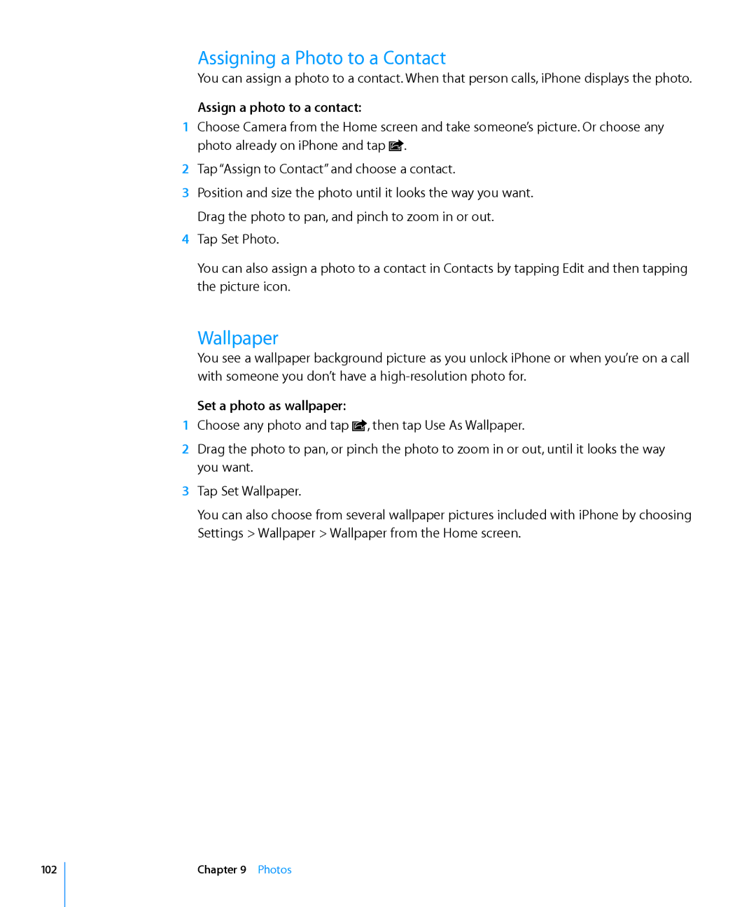 Apple MB704LL/A Assigning a Photo to a Contact, Wallpaper, Assign a photo to a contact, Set a photo as wallpaper, Photos 