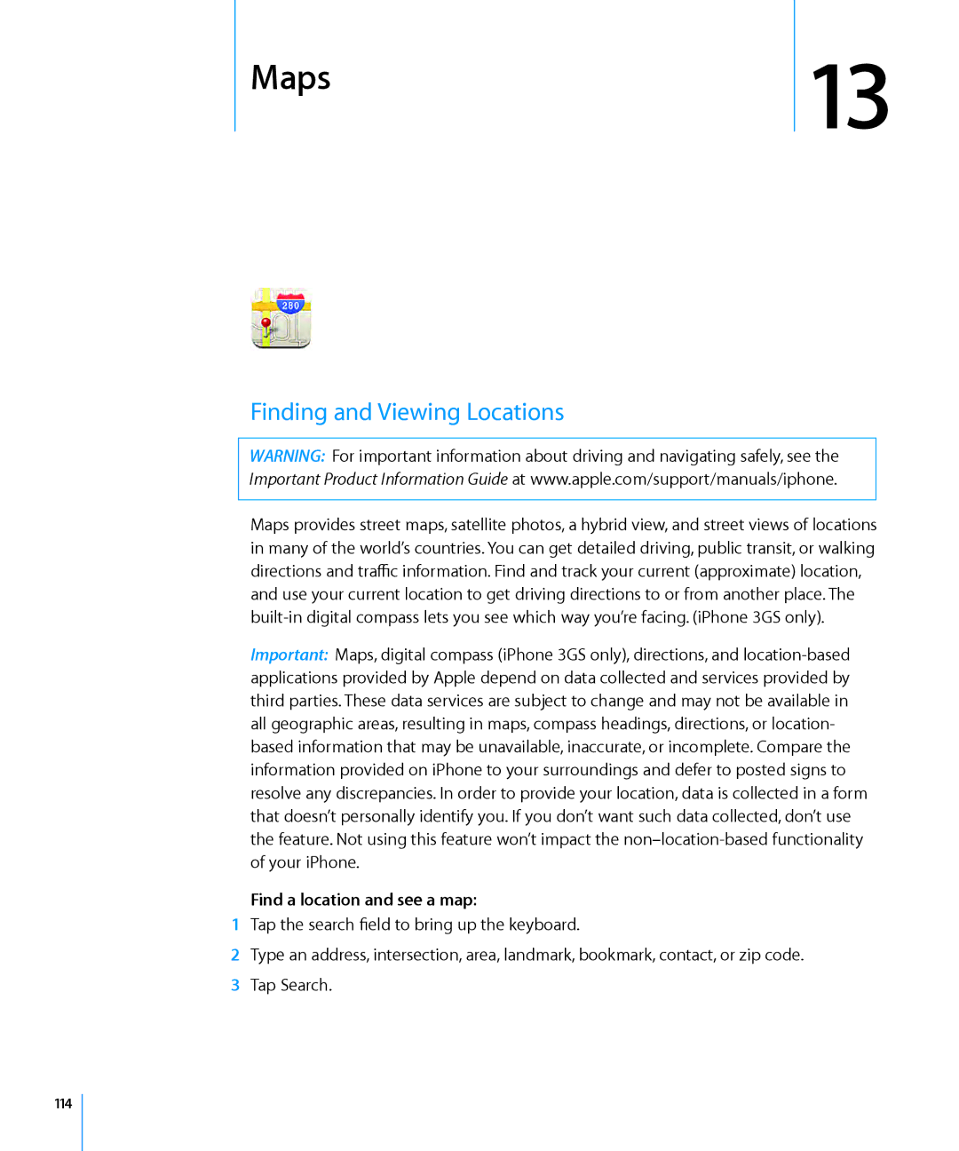 Apple MC555LL/A, MB048LL/A, MB496SL/A, MB046LL/A Maps, Finding and Viewing Locations, Find a location and see a map, 114 