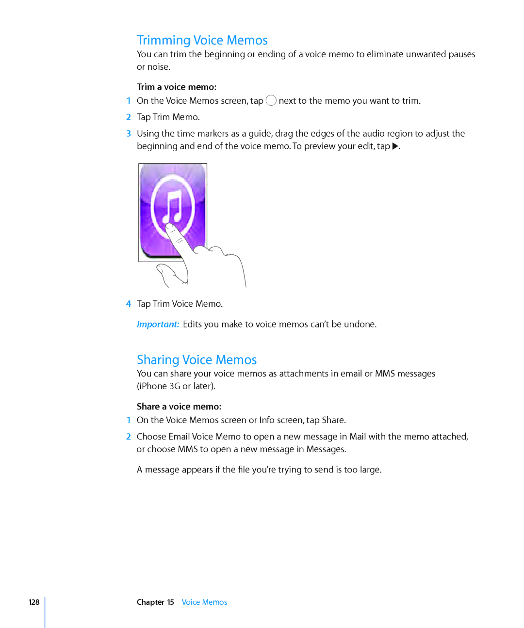 Apple MC135LL/A, MC555LL/A, MB048LL/A manual Trimming Voice Memos, Sharing Voice Memos, Trim a voice memo, Share a voice memo 