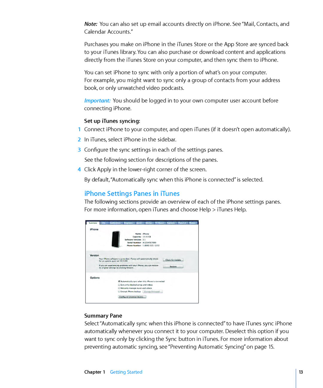 Apple MC136LL/A, MC555LL/A, MB048LL/A, MB496SL/A, A1324 IPhone Settings Panes in iTunes, Set up iTunes syncing, Summary Pane 