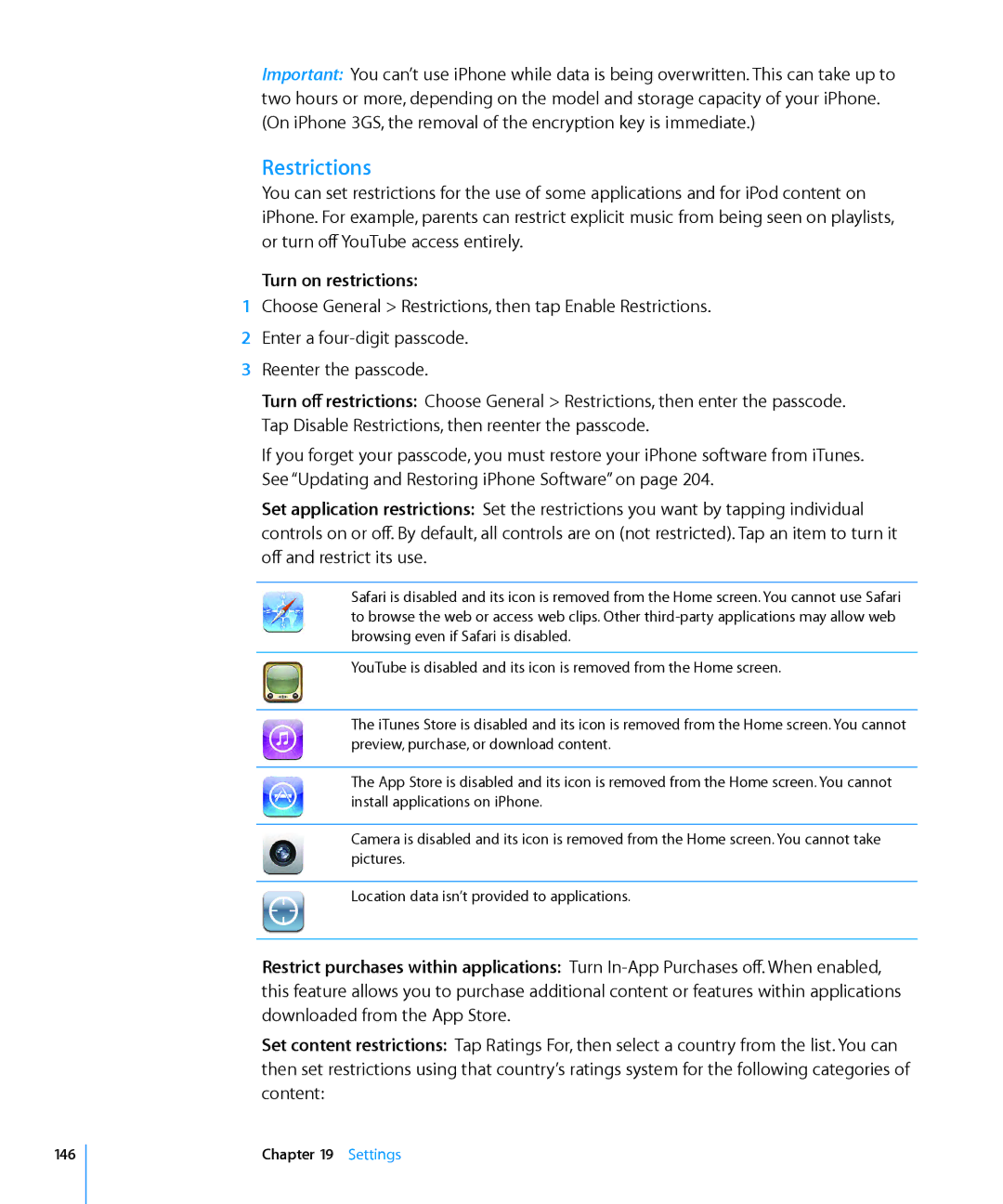 Apple MC136LL/A, MC555LL/A, MB048LL/A, MB496SL/A, MB046LL/A, MB717LL/A, MB716LL/A Restrictions, Turn on restrictions, Settings 