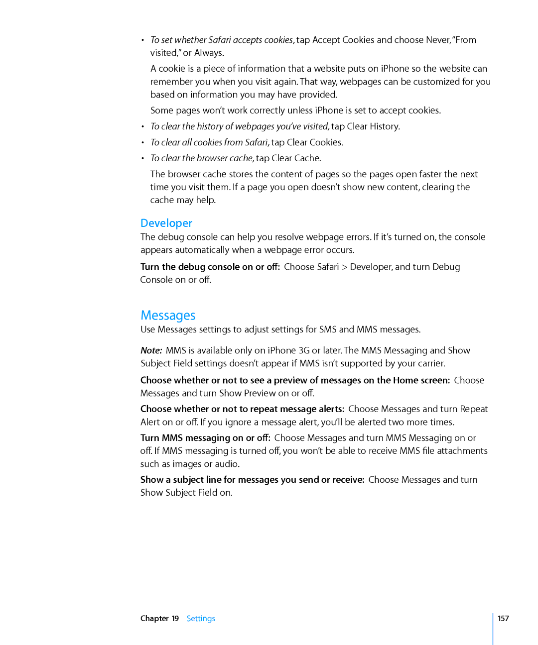 Apple MB716LL/A, MC555LL/A, MB048LL/A, MB496SL/A, MB046LL/A, MB717LL/A, MB702LL/B, MB704LL/A Messages, Developer, Settings 157 