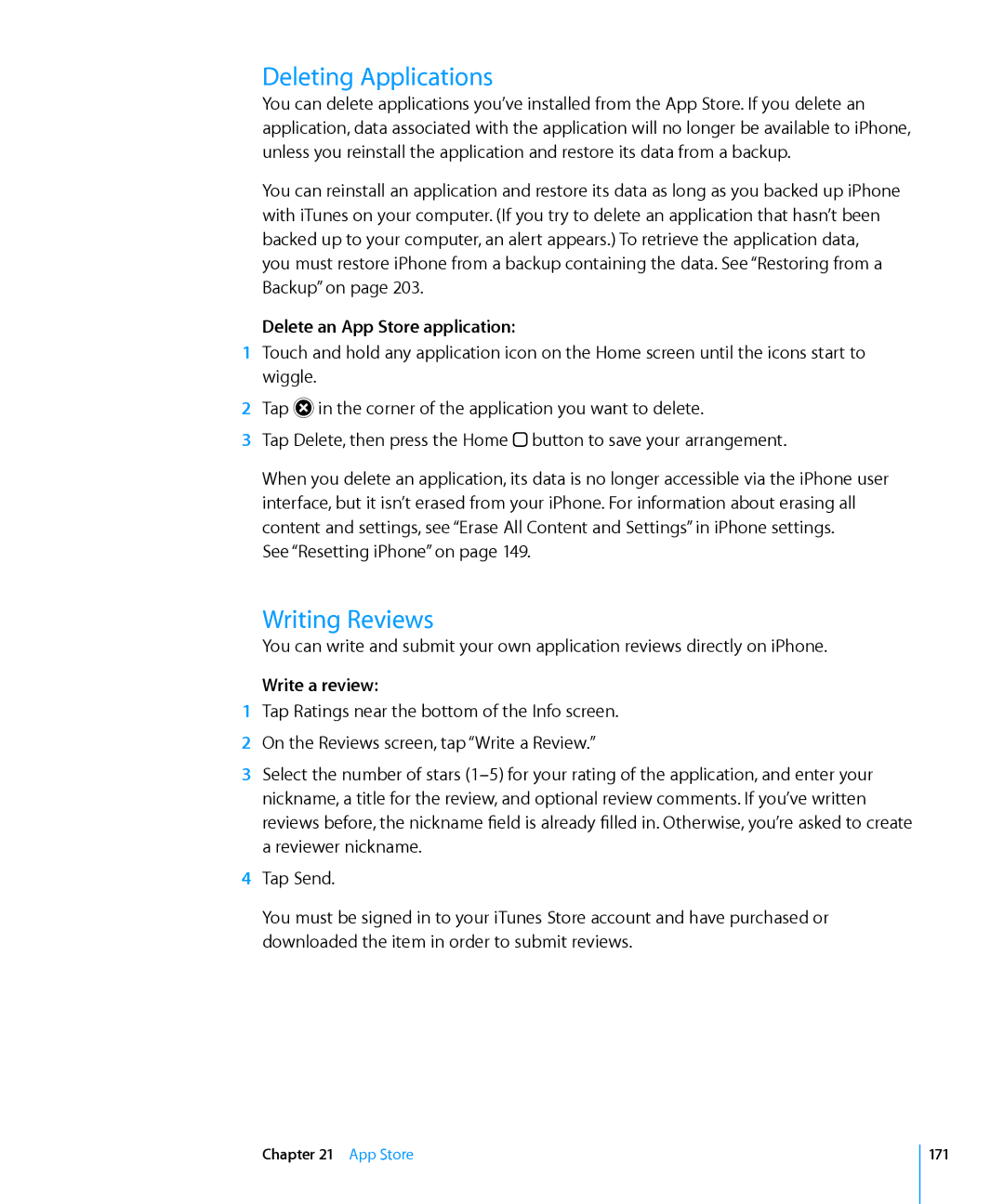 Apple MC555LL/A Deleting Applications, Writing Reviews, Delete an App Store application, Write a review, App Store 171 