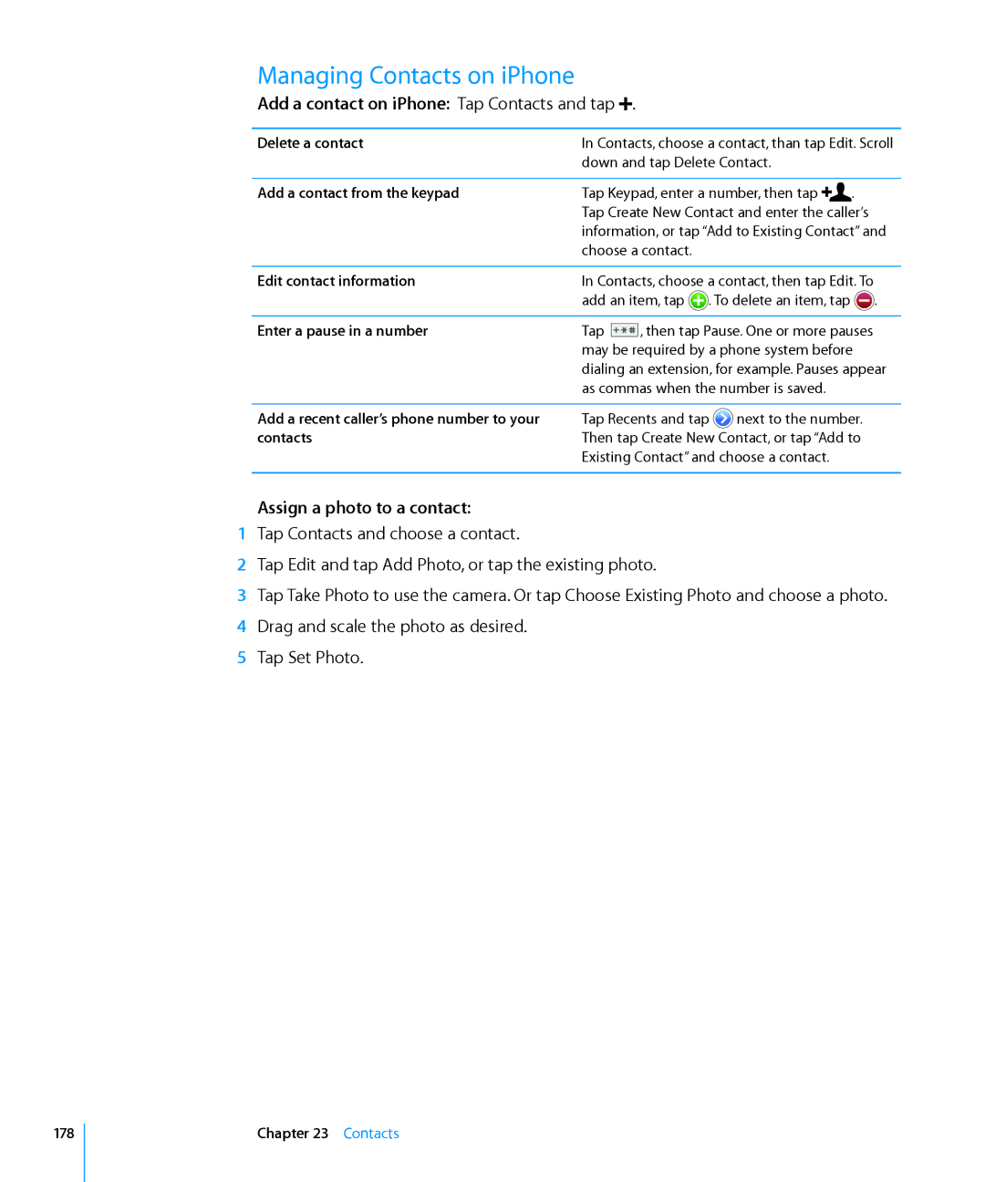 Apple MB704LL/A, MC555LL/A, MB048LL/A, MB496SL/A Managing Contacts on iPhone, Add a contact on iPhone Tap Contacts and tap 