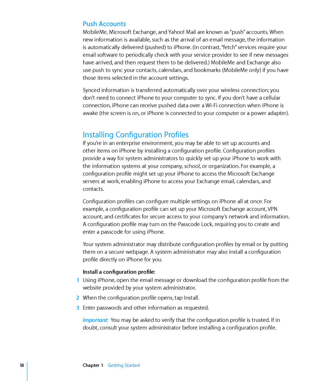 Apple A1241, MC555LL/A, MB048LL/A, A1324 Installing Configuration Profiles, Push Accounts, Install a configuration profile 