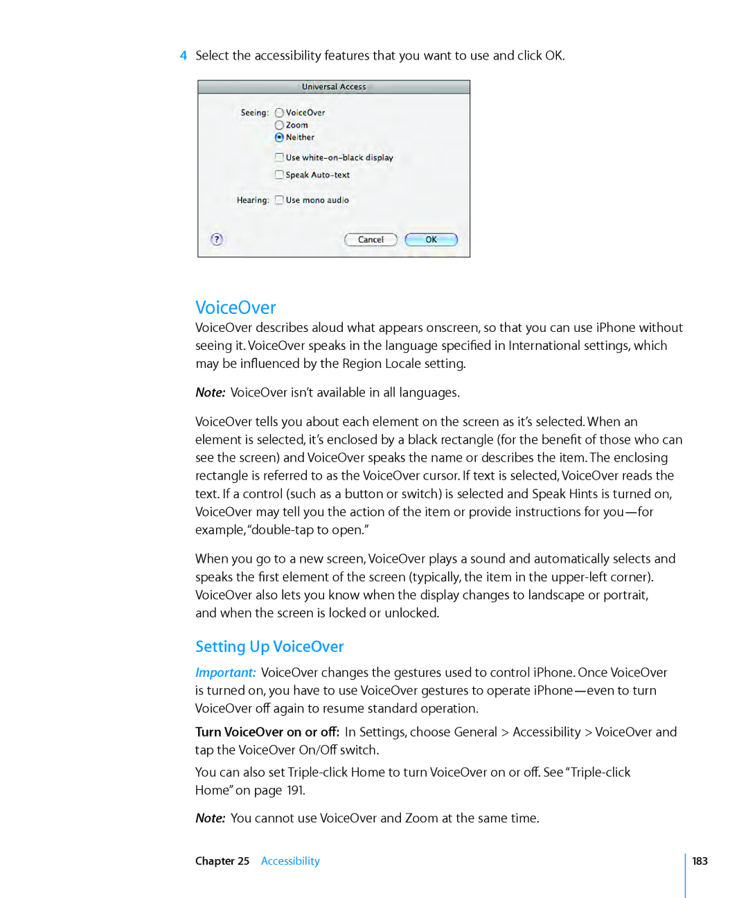 Apple MB496LL/A, MC555LL/A, MB048LL/A, MB496SL/A, MB046LL/A, MB717LL/A, MB716LL/A Setting Up VoiceOver, Accessibility 183 