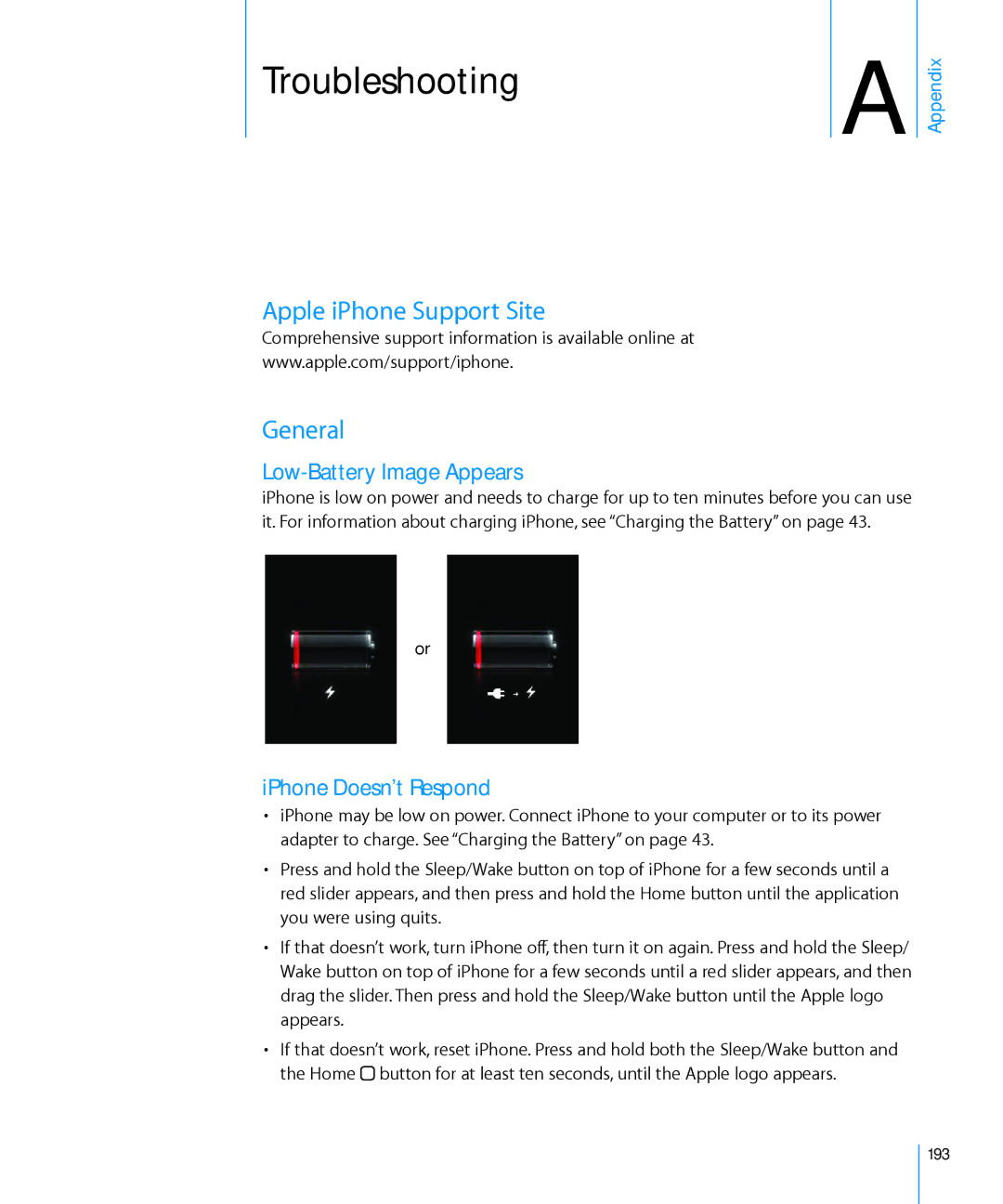 Apple MB046LL/A, A1324 Troubleshooting, Apple iPhone Support Site, Low-Battery Image Appears, IPhone Doesn’t Respond, 193 