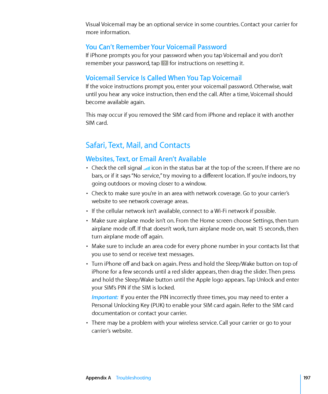 Apple MB704LL/A, MC555LL/A, MB048LL/A Safari, Text, Mail, and Contacts, You Can’t Remember Your Voicemail Password, 197 