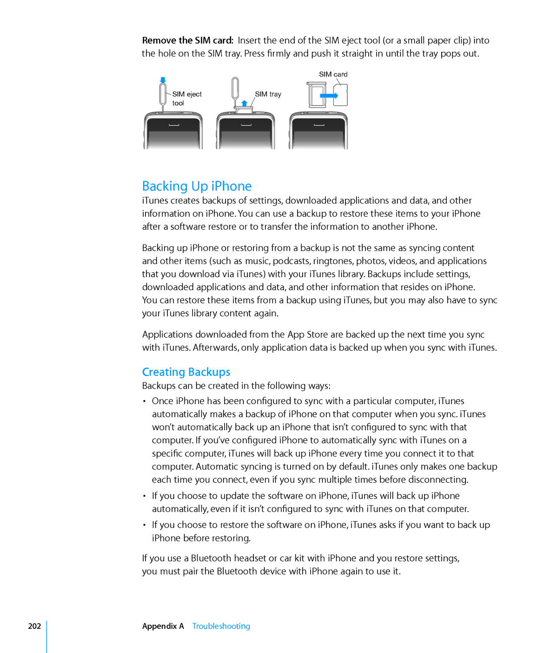 Apple MB496LL/A, MC555LL/A, MB048LL/A, MB496SL/A, MB046LL/A, MB717LL/A, MB716LL/A manual Backing Up iPhone, Creating Backups, 202 