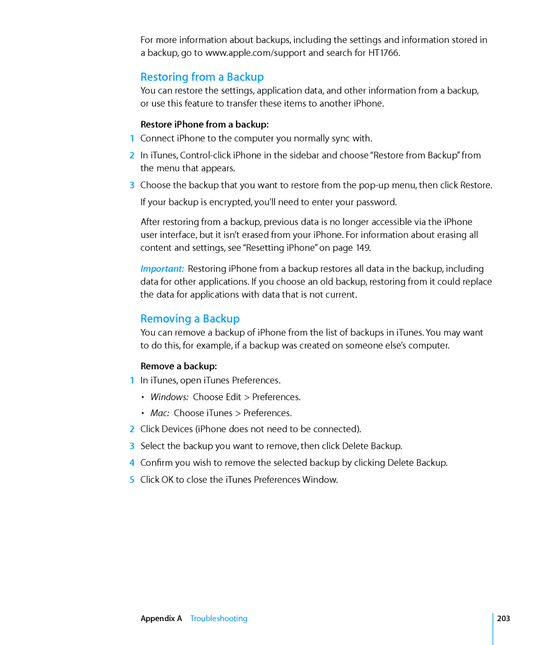 Apple MC136LL/A, MC555LL/A Restoring from a Backup, Removing a Backup, Restore iPhone from a backup, Remove a backup, 203 