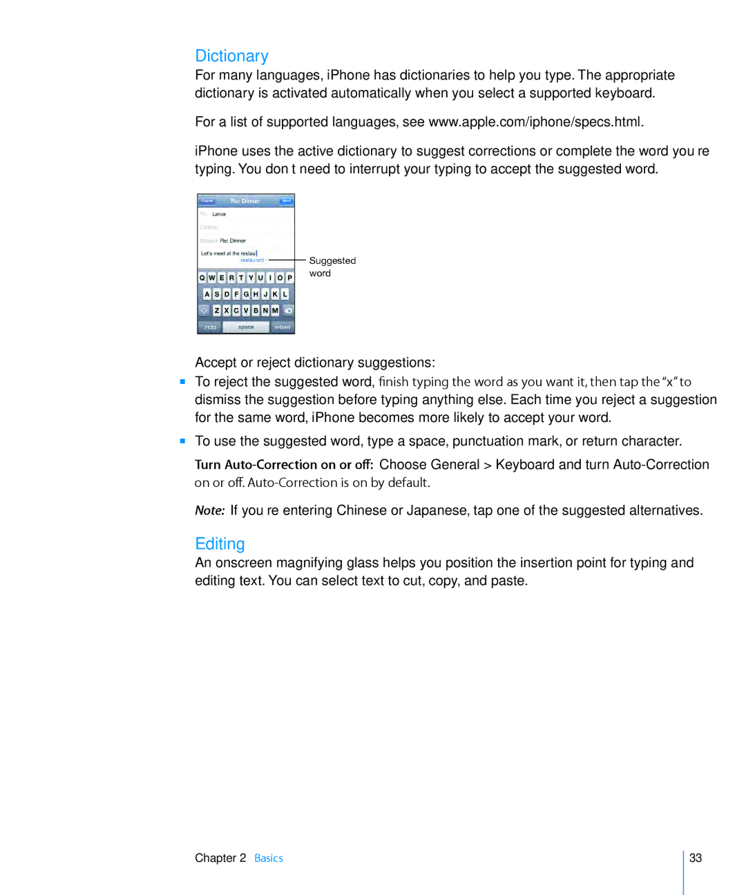 Apple MC135LL/A, MC555LL/A, MB048LL/A, MB496SL/A, MB046LL/A manual Dictionary, Editing, Accept or reject dictionary suggestions 