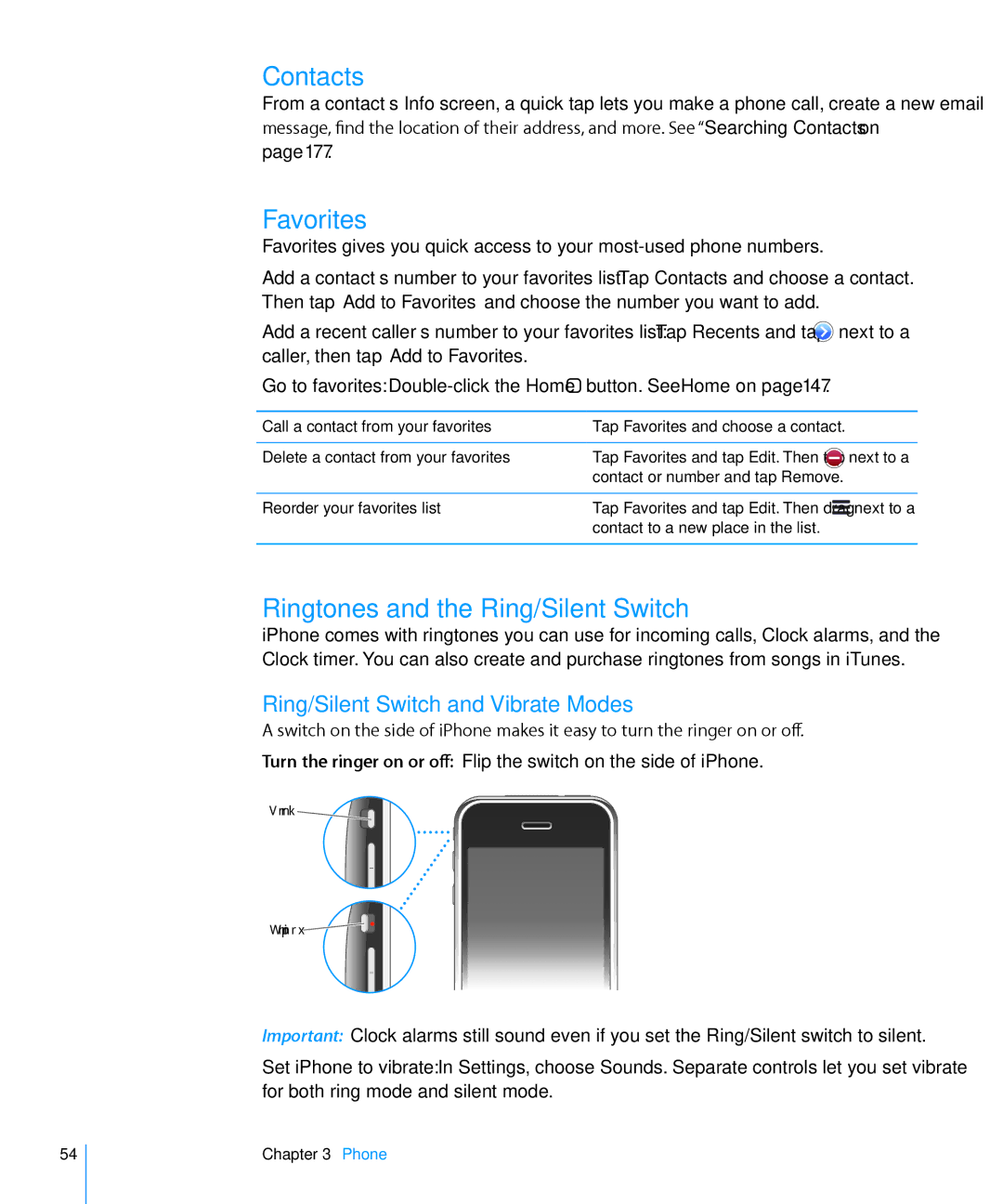 Apple MA501LL/A, MC555LL/A Contacts, Favorites, Ringtones and the Ring/Silent Switch, Ring/Silent Switch and Vibrate Modes 