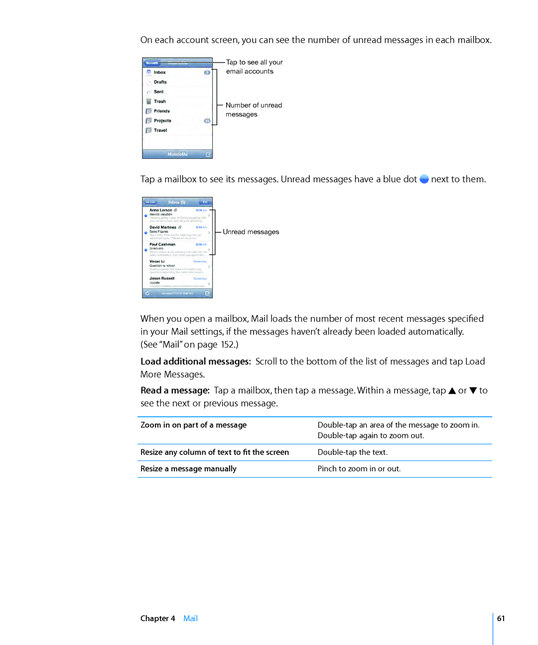 Apple MB717LL/A Zoom in on part of a message, Resize any column of text to fit the screen, Resize a message manually 