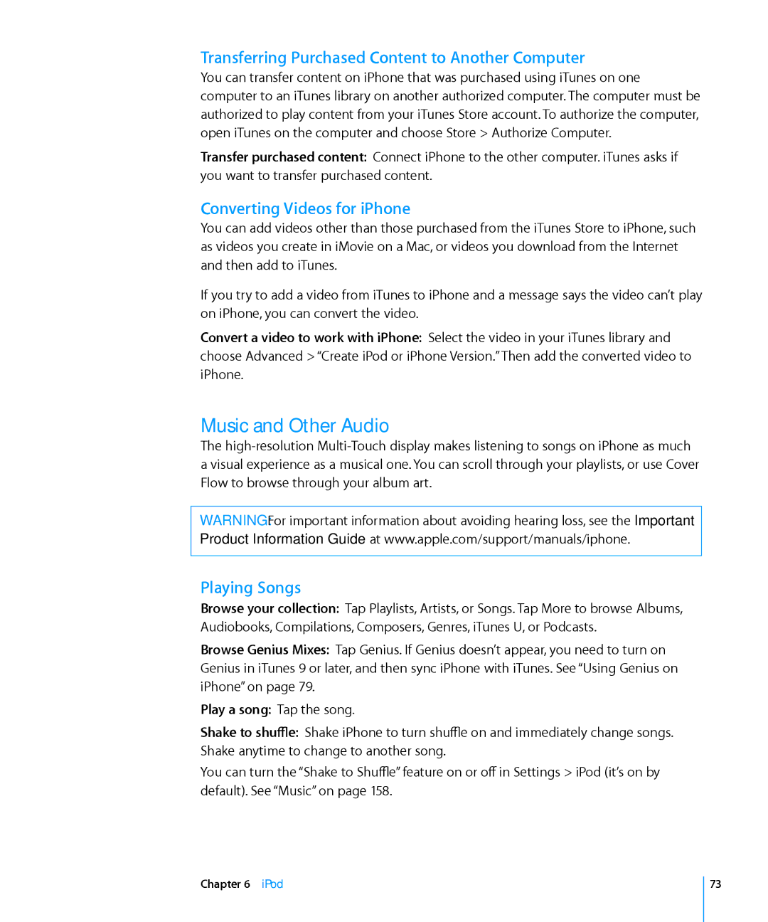 Apple MA501LL/A Music and Other Audio, Transferring Purchased Content to Another Computer, Converting Videos for iPhone 