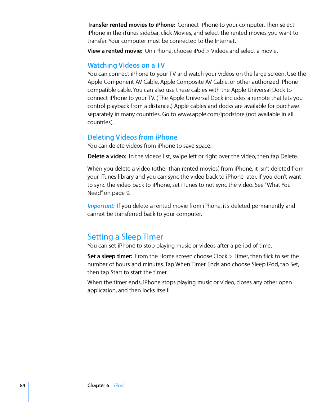 Apple MC640LL/A, MC555LL/A, MB048LL/A, MB496SL/A Setting a Sleep Timer, Watching Videos on a TV Deleting Videos from iPhone 