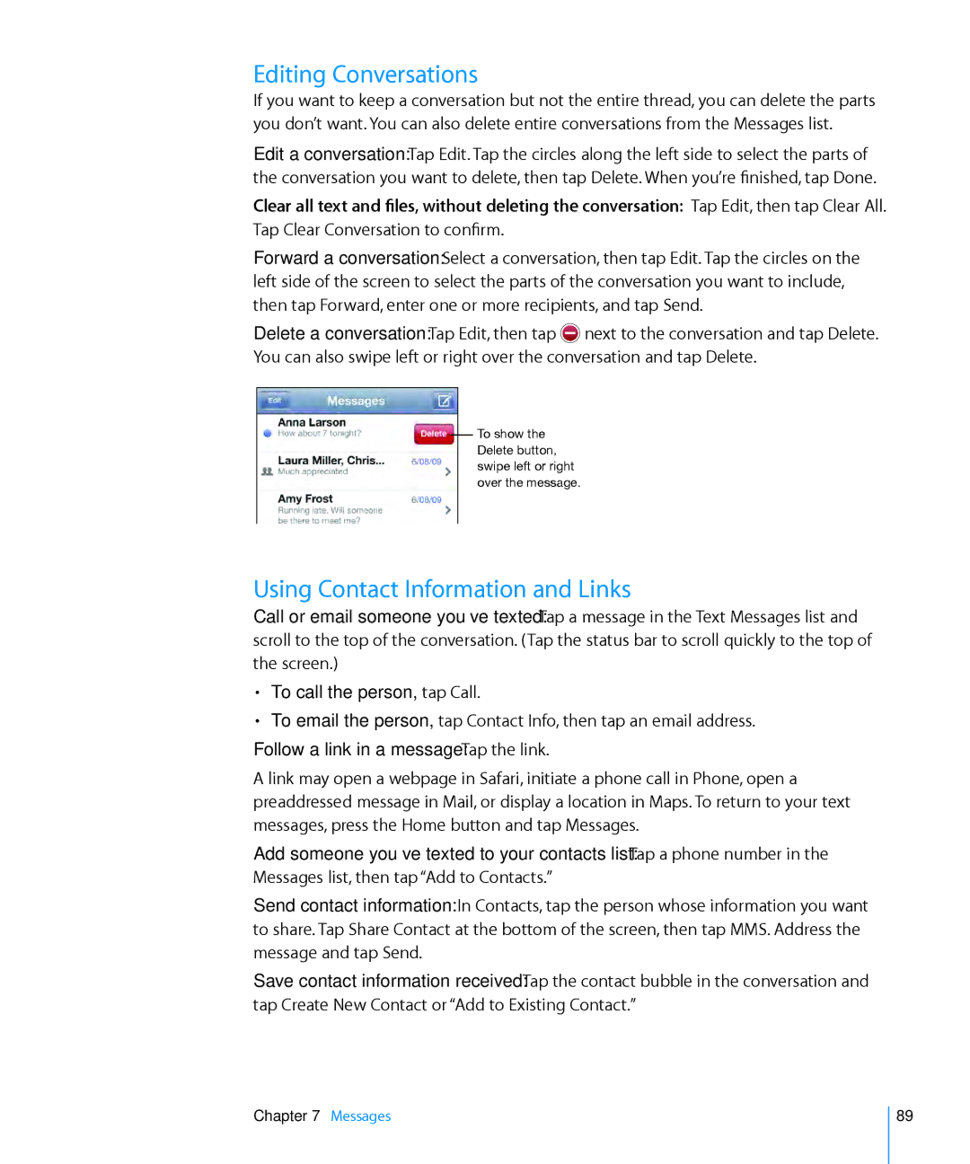 Apple MC136LL/A, MC555LL/A, MB048LL/A, MB496SL/A, MB046LL/A, A1324 Editing Conversations, Using Contact Information and Links 