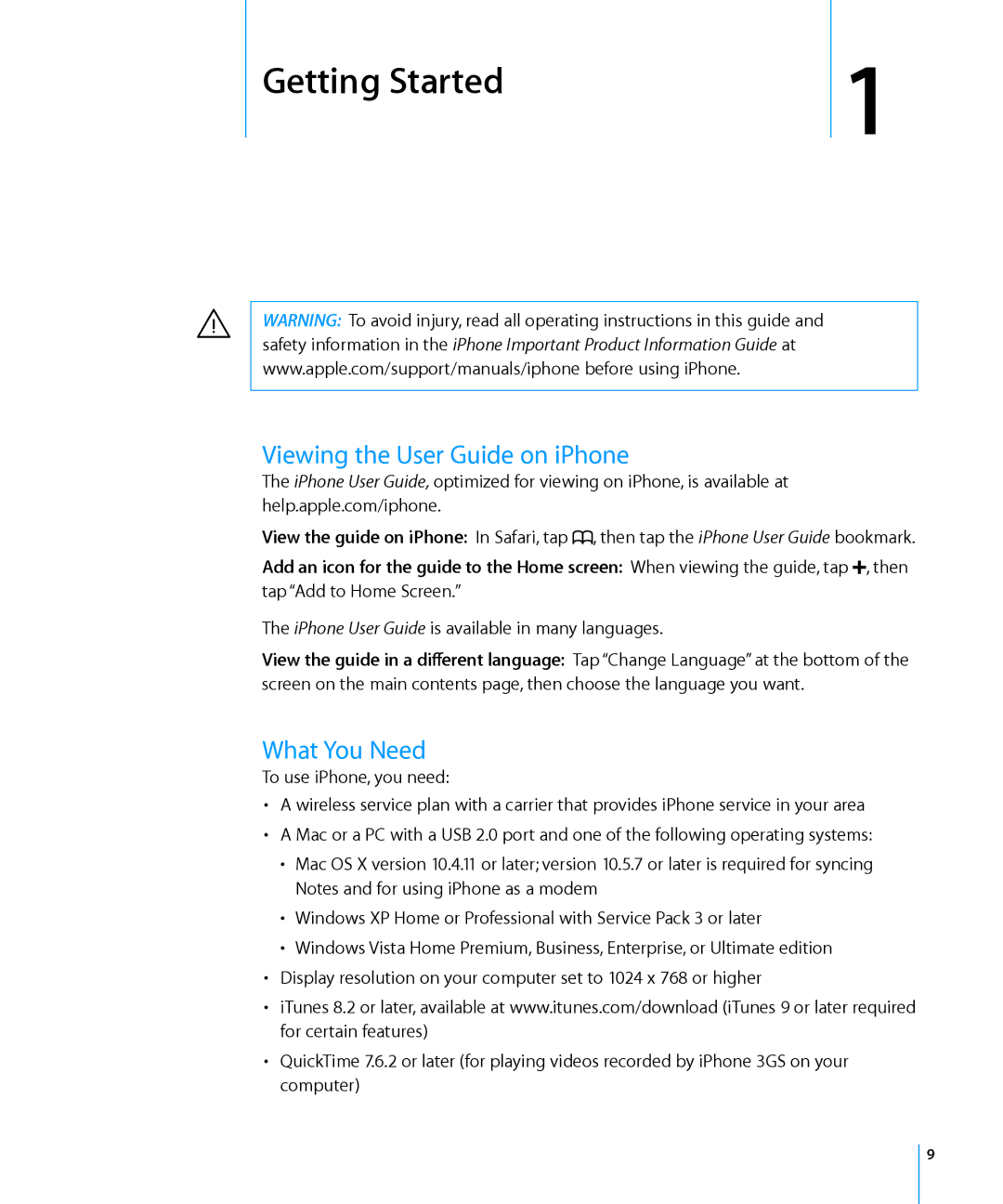 Apple MB715LL/A, MC555LL/A, MB048LL/A, MB496SL/A, MB046LL/A Getting Started, Viewing the User Guide on iPhone, What You Need 