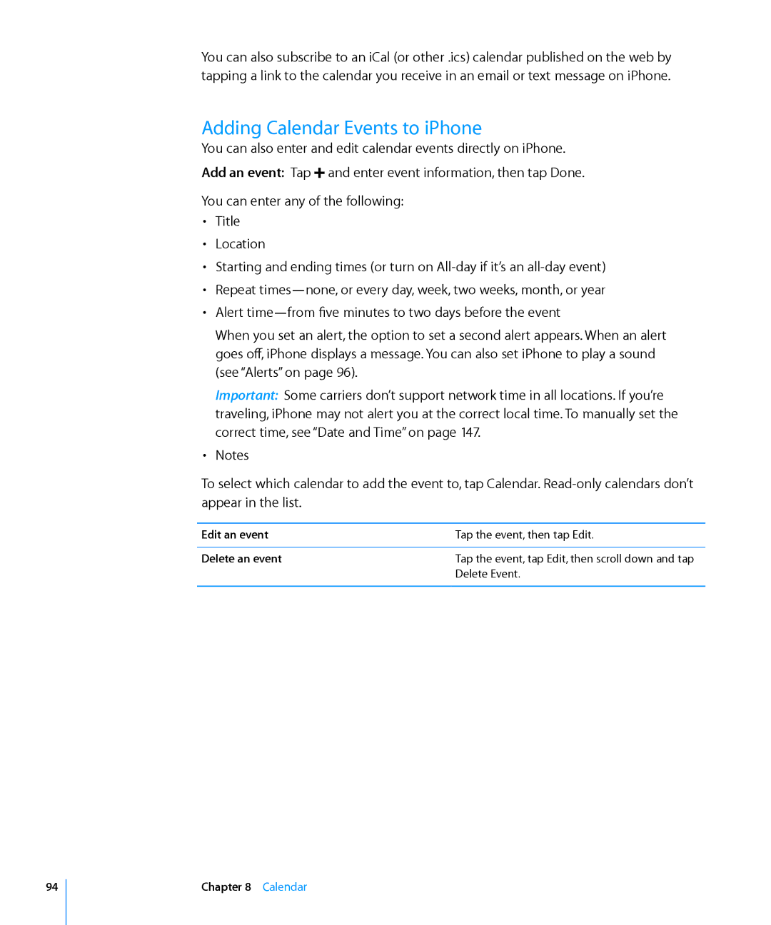 Apple A1241, MC555LL/A, MB048LL/A, MB496SL/A, MB046LL/A manual Adding Calendar Events to iPhone, Edit an event, Delete an event 