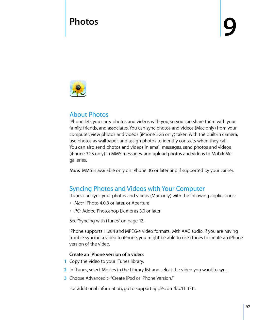 Apple MB496SL/A, A1324 About Photos, Syncing Photos and Videos with Your Computer, Create an iPhone version of a video 