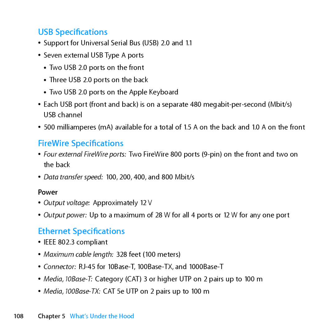 Apple MC561LL/A, MD772LL/A, MD770LL/A, MC560LL/A manual USB Specifications, FireWire Specifications, Power 