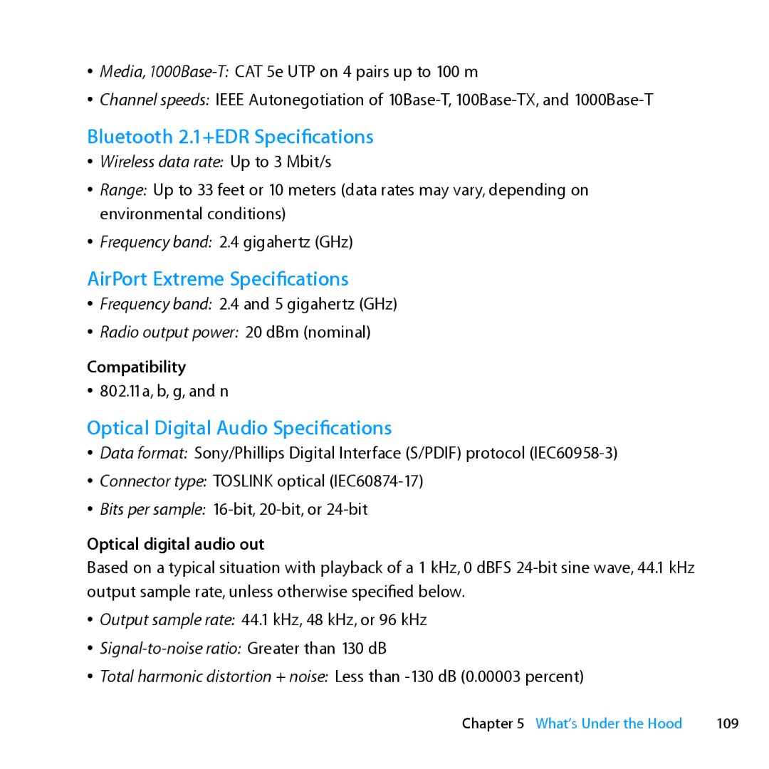 Apple MD772LL/A, MC561LL/A manual AirPort Extreme Specifications, Optical Digital Audio Specifications, Compatibility, 109 