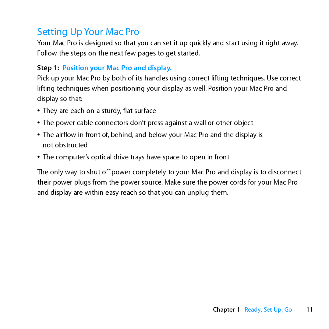 Apple MC560LL/A, MC561LL/A, MD772LL/A, MD770LL/A manual Setting Up Your Mac Pro, Position your Mac Pro and display 