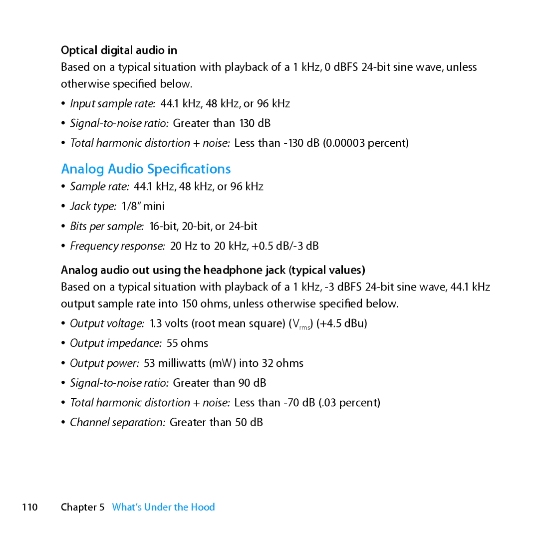 Apple MD770LL/A, MC561LL/A, MD772LL/A, MC560LL/A manual Analog Audio Specifications, Optical digital audio 