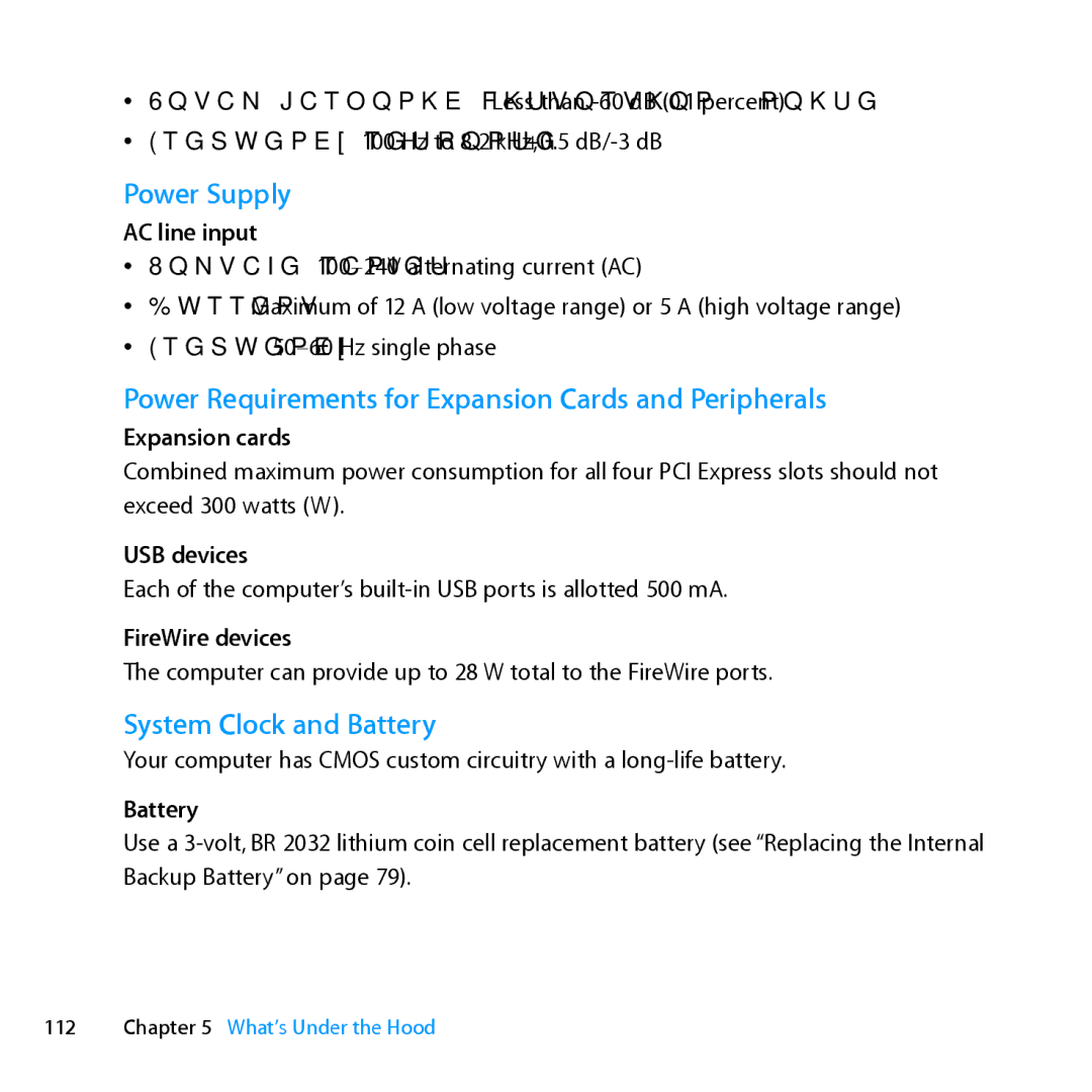 Apple MC561LL/A, MD772LL/A Power Supply, Power Requirements for Expansion Cards and Peripherals, System Clock and Battery 