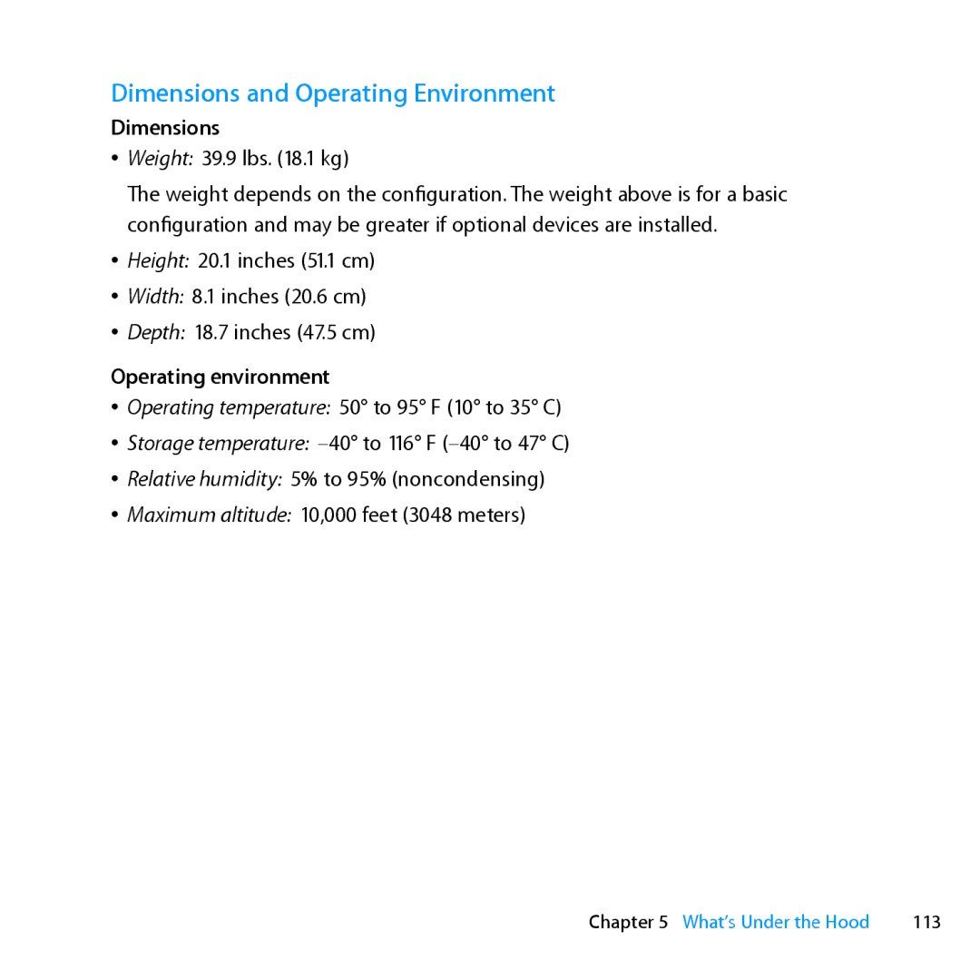 Apple MD772LL/A, MC561LL/A, MD770LL/A, MC560LL/A manual Dimensions and Operating Environment, Operating environment, 113 